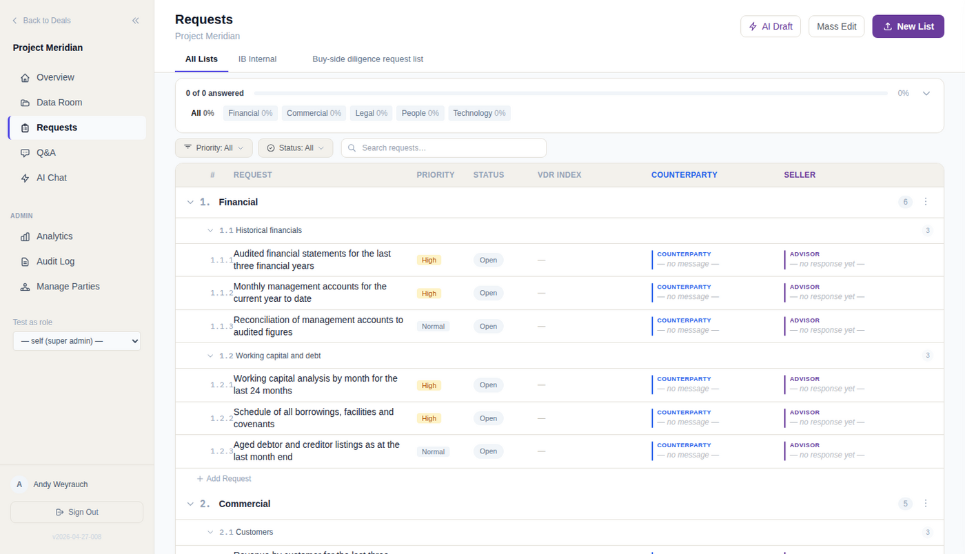 The request list: categories and topics with priority, status, and separate counterparty and advisor response columns.